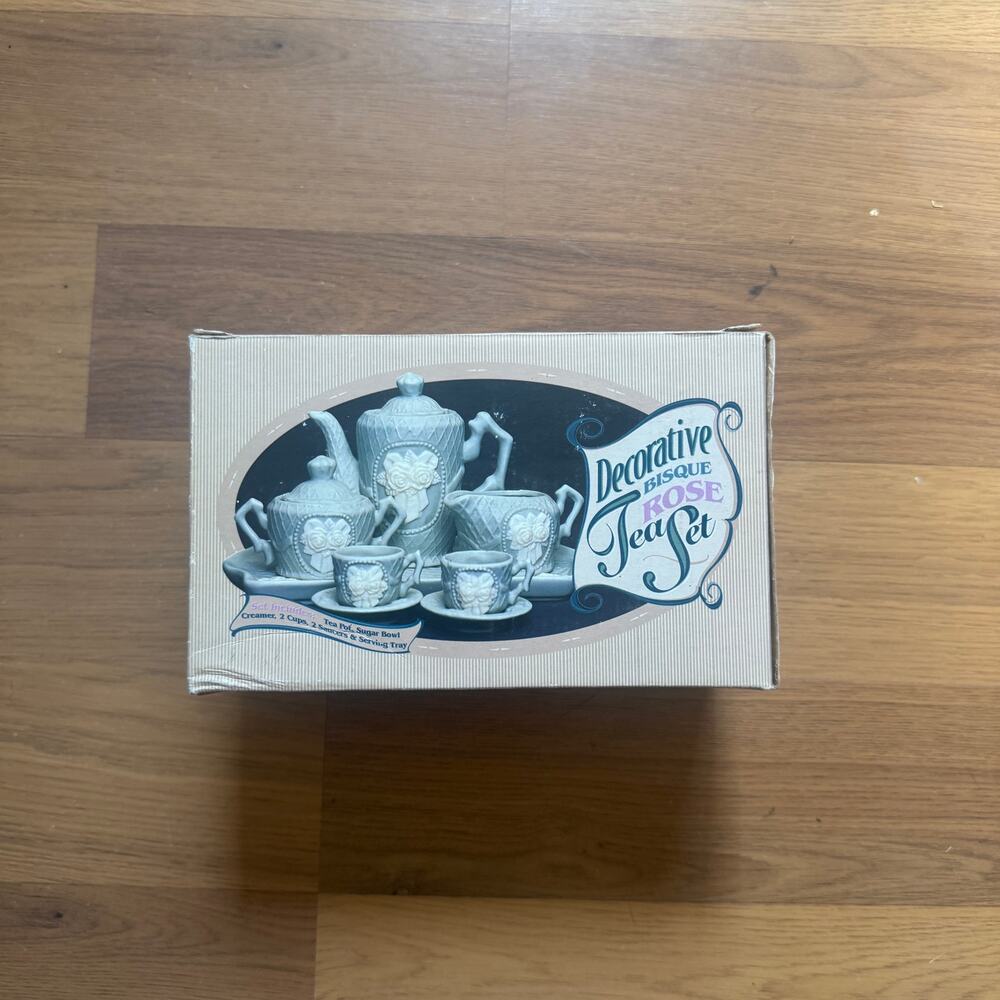 NIB Vintage Cracker Barrel Miniature Bisque Rose Porcelain Decorative Tea Set